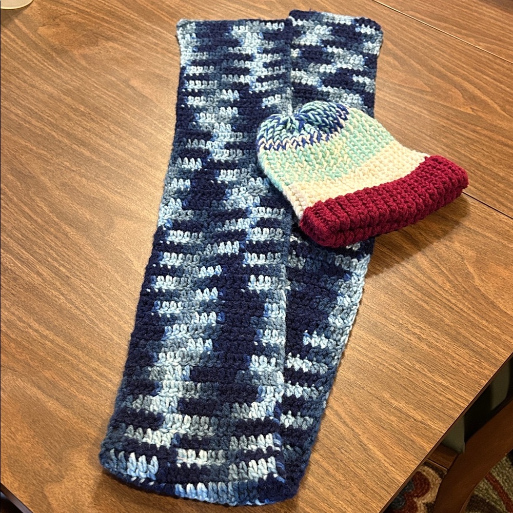 Blue and White Knit Gloves